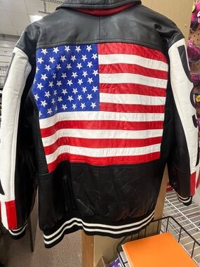 Women's Black Leather Jacket with American Flag Back Panel